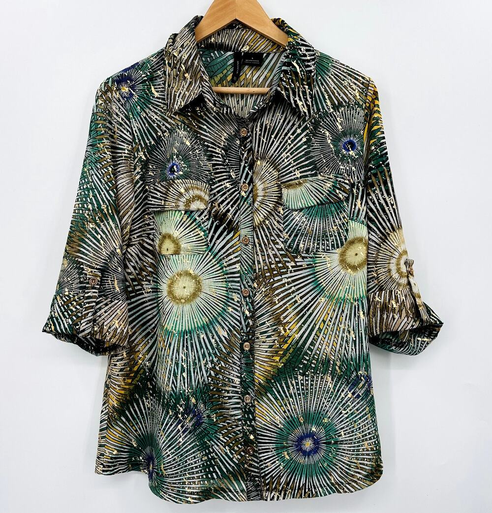 New Directions Sunburst Fireworks Blouse Womens Size Large Green Gold Yellow
